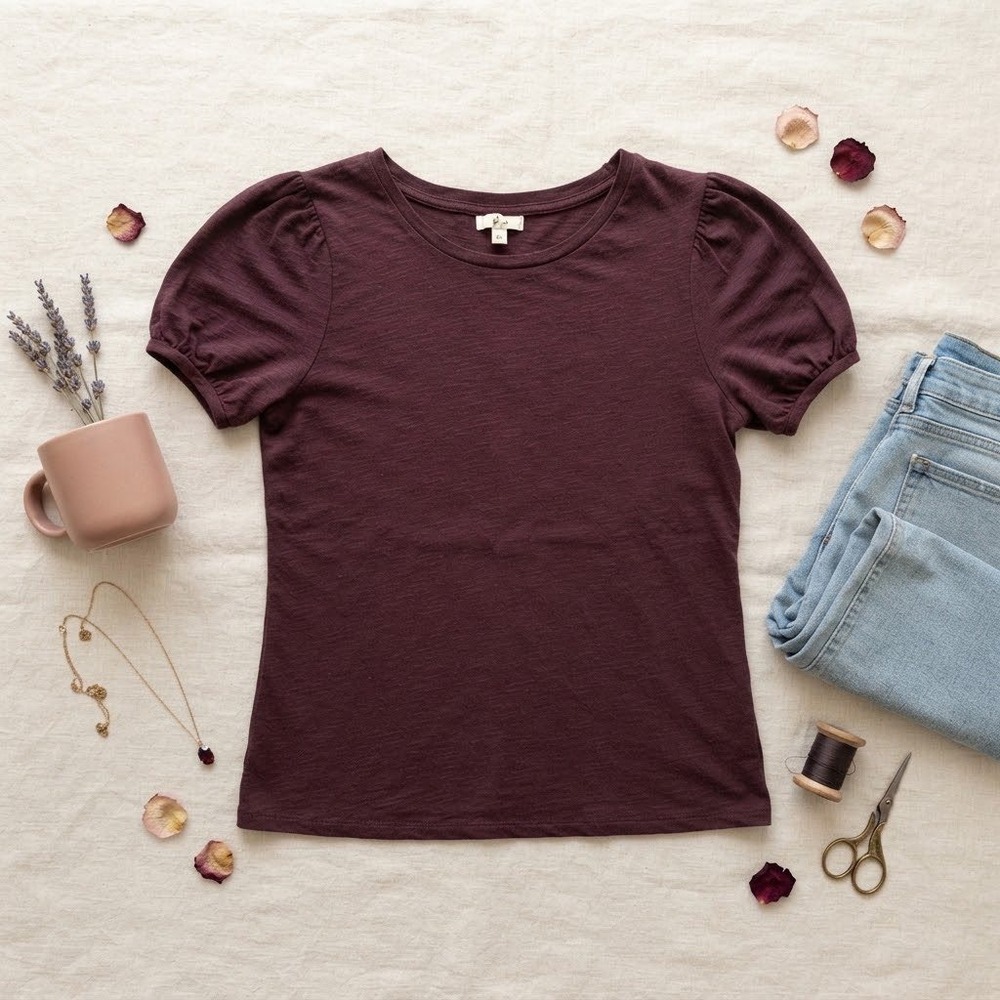 Maurices Womens Dark Brown Slub Knit Puff Short Sleeve Crew Neck Top Size M